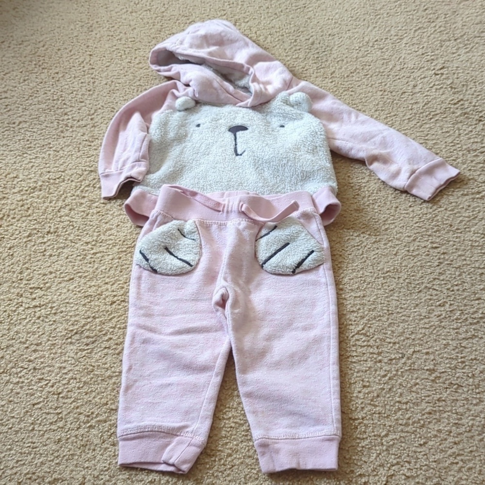 Baby Gap Pink & White Fuzzie Soft Hooded Sweatshirt & Joggers Set Size 18-24 M